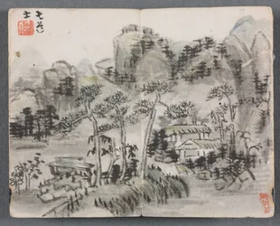 Miniatuuralbum met figuren en landschap (Landschap met twee gebouwen)