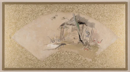Huis met vrouw en baby, eind 19e eeuw (waaierschilderij gemonteerd als albumblad; tempera op papier)