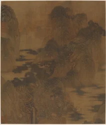 Landschap: bergkloof, mist, een beek en gebouwen, Ming-dynastie, 17e eeuw