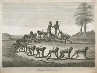 Aboriginal mannen die honden imiteren, Australië