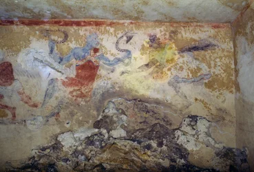 Blauwe Demon met slangen, fresco, Tombe van Blauwe Demonen, Necropolis van Tarquinia, Lazio, Italië, Etruskische beschaving, 5e eeuw v.Chr.