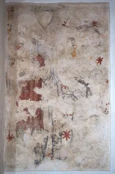 Bourgondië, Lancharre, gemeente Chapaize 71460. In de kerk Notre Dame, muurschildering. Twee ridders in maliënkolder (fresco)