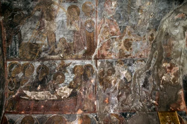 Afneming van Christus, fresco in de kerk van Agios Nikolaos, Elenes, Kreta, Griekenland