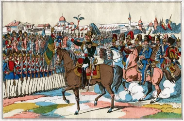 Keizer Alexander II inspecteert zijn troepen voor de oorlogsverklaring aan Turkije