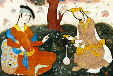 Fresco; twee geliefden; Perzische miniatuur; Chehel Sotoun; Veertig Zuilen Paleis; Isfahan; Iran; Azië
