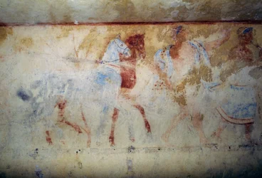 Begrafenisstoet met paarden en mannelijke figuren, fresco, Tombe van Blauwe Demonen, Necropolis van Tarquinia, Lazio, Italië, Etruskische beschaving, 5e eeuw v.Chr.