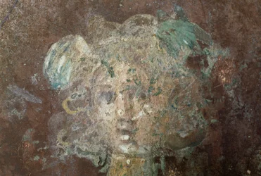 Hoofd van Medusa, detail van fresco met Perseus, uit de oude stad Stabiae, Castellammare di Stabia, Campania, Italië, Romeinse beschaving