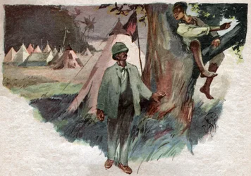 Henry Stanley, met zijn hulp Uledi, in zijn Zanzibar kamp, voor vertrek op zoek naar David Livingstone