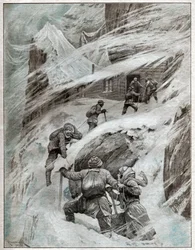Italiaanse toeristen vast in de storm in de Italiaanse Alpen, 1925 (illustratie)