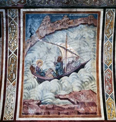 Jezus kalmeert de storm, fresco op gewelf van kerk van Thari klooster, Rhodos eiland, Griekenland