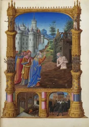Les Très Riches Heures du duc de Berry, Folio 82r - Job Bespot door Zijn Vrienden het Musée Condé, Chantilly. Job, zijn vrouw en zijn vrienden