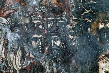 Mannelijke figuren, beschadigde fresco op plafond van kerk van Agios Vasileios, Vavouledo, Kreta, Griekenland