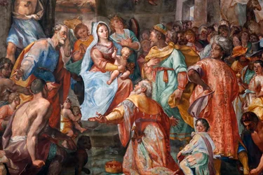 Kerststal. Fresco. San Donato kerk. Genua. Italië.