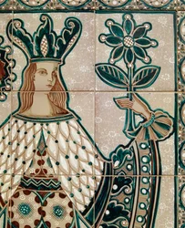 Beschilderd maiolica-paneel met allegorische scène, Santo Stefano di Camastra, Sicilië, Italië (detail)