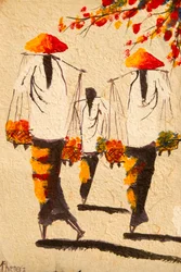 Schilderij; Aziatische vrouwen met rijsthoeden; Vientiane; Laos; Zuidoost-Azië; Azië