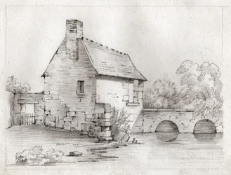 Boerenhuis aan de rand van een rivier. circa 1830 (illustratie)
