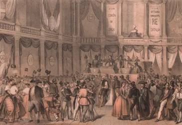 Volksraadpleging voor annexatie bij Italië, hal van de Universiteit van Napels, Campania, Italiaanse Risorgimento, lithografie door Carlo Perrin naar tekening van Carlo Bossoli (1815-1884), 22x15 cm