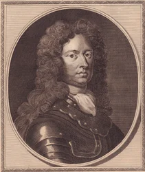 Portret van de Engelse soldaat Thomas Tollemache, kopergravure door John Goldar naar schilderij van G Kneller