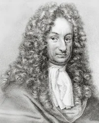 Portret van Gottfried Wilhelm von Leibniz, Duitse wiskundige, filosoof en wetenschapper, gravure