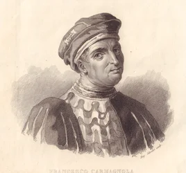 Portret van de Italiaanse militaire leider Francesco da Bussone, ook bekend als Carmagnola, kopergravure door E Silvestri naar schilderij