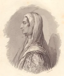 Portret van Italiaanse edelvrouw Beatrice Lascaris di Tenda (1372-1418), kopergravure door G Fusinati naar portret gepubliceerd door Antonio Campo