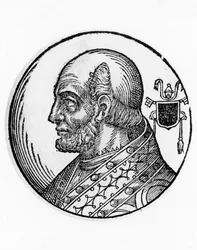 Portret van Theodorus I (overleden 649), 73e paus van de Katholieke Kerk vanaf 642, gravure