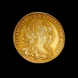 Portugese munt met afbeelding van koningin Maria I en haar koning-gemaal Pedro III