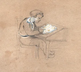 Schooljongen aan het werk aan zijn bureau, ca. 1830
