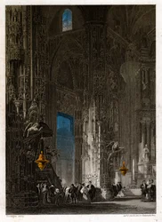 De kathedraal van de Heilige Verlosser in Jerez de la Frontera (Xeres). circa 1840 (gravure)