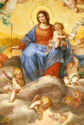 Maagd Maria en kind. Fresco. Palazzo Fieschi-Crosa Di Vergagni. Genua. Italië