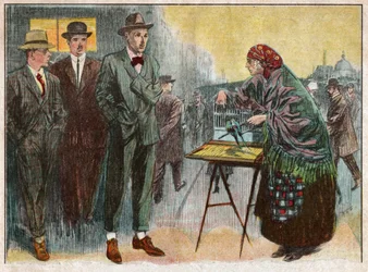 Vrouw die waarzeggerij beoefent met behulp van vogels. 1926 (Illustratie)