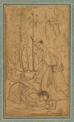 Een heilige man die zich voor een geleerde prins neerbuigt, c. 1585, rand waarschijnlijk toegevoegd in de 1700s