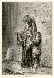 Een arme bedelaar, uit De reis om de wereld in tachtig dagen door Jules Verne, gegraveerd door Louis Dumont, 1873