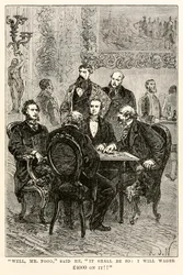 Nou, meneer Fogg, zei hij, het zal zo zijn: ik wed £4000 erop!!, uit De reis om de wereld in tachtig dagen door Jules Verne, gegraveerd door Louis Dumont, 1873