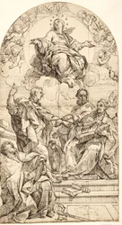 De onbevlekte ontvangenis met de heiligen Johannes de Evangelist, Gregorius de Grote, Johannes Chrysostomus en Augustinus