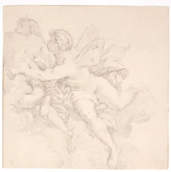 Twee figuren in de wolken, een van hen mogelijk een allegorie van een wind