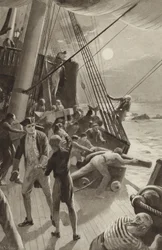 Het schip van Kapitein James Cook in problemen bij Kaap Tribulation