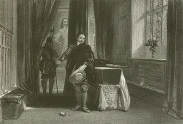 Cromwell bekijkt het lichaam van Karel I, een schaduw bewoog over zijn voorhoofd
