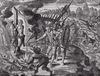De wraak van de Spanjaarden voor de dood van Ayolas, uit Gottfrieds Historia Antipodum, gepubliceerd in 1655, uit The Romance of the River Plate, Vol. I, door W. H. Koebel, 1914