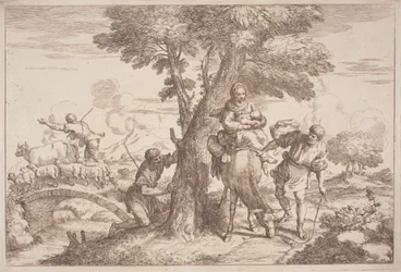 De vlucht naar Egypte met een herder die vanachter een boom toekijkt