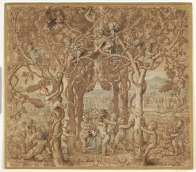 Putti die wijn oogsten en spelen met een bokje