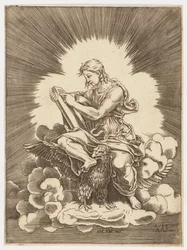 Sint Jan, schrijvend, zittend op een adelaar
