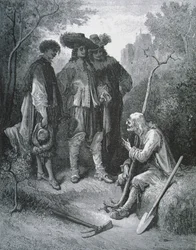 Illustratie voor De Oude Man en de Drie Jonge Mannen, uit Fabels van Jean de La Fontaine