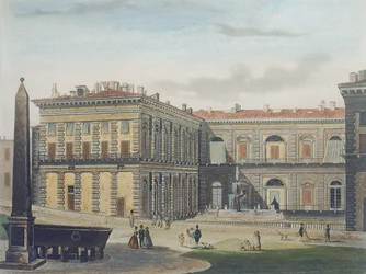 Interne Binnenplaats van Palazzo Pitti, Florence, gegraveerd door Johann Falkeisen en ingekleurd door L. Cherbuin