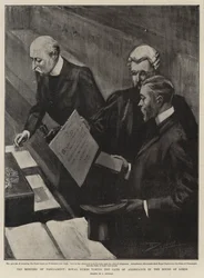 De vergadering van het parlement, koninklijke hertogen die de eed van trouw afleggen in het Hogerhuis