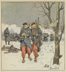 De korporaal Delorme, gewond, trekt zich terug onder vuur