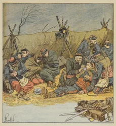 De soldaten, die niet langer in de tent kunnen blijven, improviseren schuilplaatsen