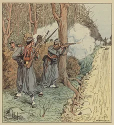 De pauselijke zouaven trekken zich terug door het bos van Orleans, de Beiers tegenhoudend