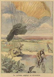 Een fietser vertrekt na door een ballon te zijn gedragen