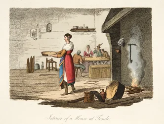 Interieur van een Huis in Fondi, uit Italiaanse Scenery, die de Zeden, Gewoonten en Amusementen van de verschillende Staten van Italië vertegenwoordigt, uitgegeven 1806